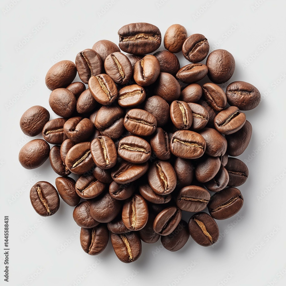 Naklejka premium A close-up view of roasted coffee beans, showcasing their rich color and texture, perfect for coffee enthusiasts.