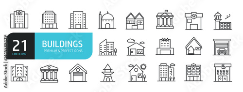 Set of line icons related to building, residential, proerty, landmark. Outline icons collection. Editable stroke. Vector illustration