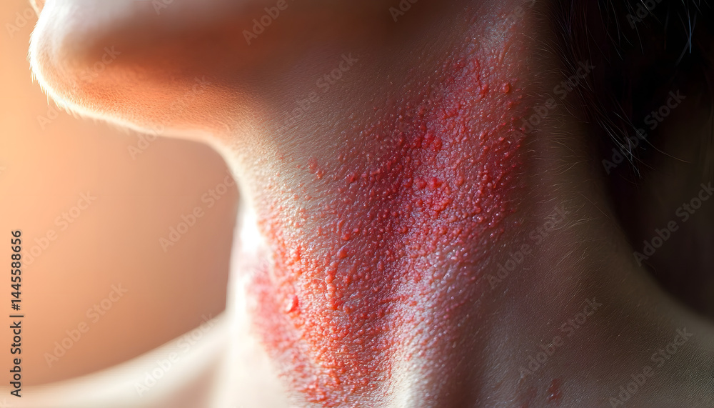Fototapeta premium Close up view of skin rash red inflamed lesions and bumps on neck Medical dermatology