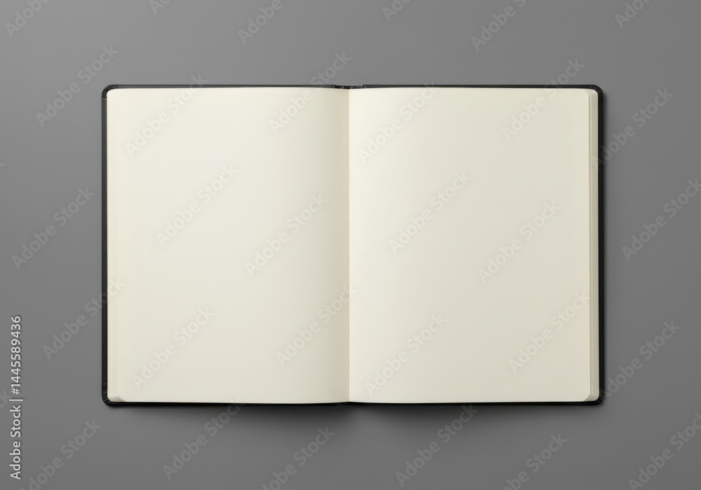 Open notebook mockup with blank pages on gray background Open notebook mockup with blank pages on gray background