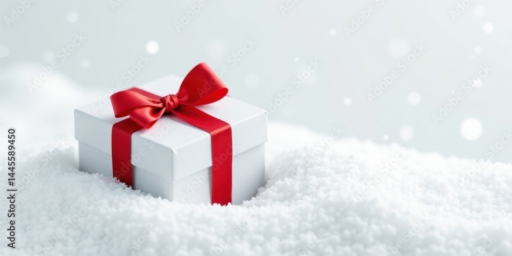 A pristine white gift box adorned with a vibrant red ribbon, nestled gently in a bed of sparkling snow, evokes feelings of winter wonder and festive cheer. A pristine white gift box adorned with a vibrant red ribbon, nestled gently in a bed of sparkling snow, evokes feelings of winter wonder and festive cheer.