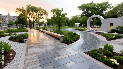 Serene Sunset Park Pathway Modern Landscape Design with Stone Walkways and Benches