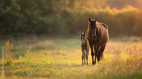 Mother and foal in serene pasture at sunrise