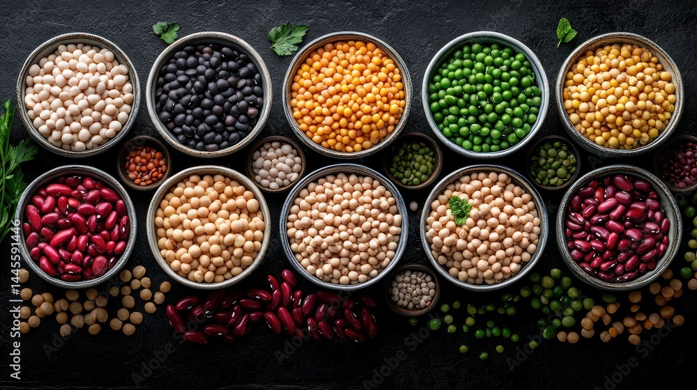 Variety of legumes in small bowls Variety of legumes in small bowls
