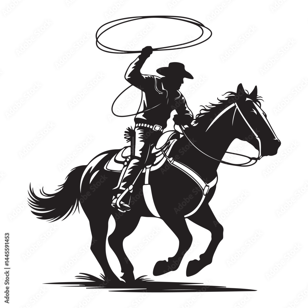 Fototapeta premium Cowboy rides a horse and throws a lasso. Cowboy on the rodeo. Vector Black silhouettes. with white background