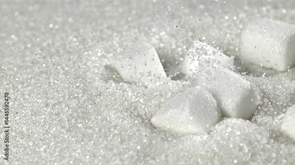 Sugar cubes fall into a pile of sugar. Filmed on a high-speed camera at 1000 fps. High quality FullHD footage Sugar cubes fall into a pile of sugar. Filmed on a high-speed camera at 1000 fps. High quality FullHD footage