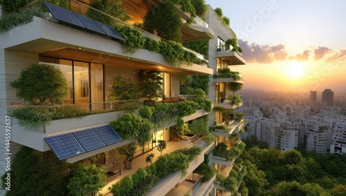 Modern eco-friendly building with lush greenery and solar panels on balconies, overlooking a cityscape at sunset, Net Zero Emissions .