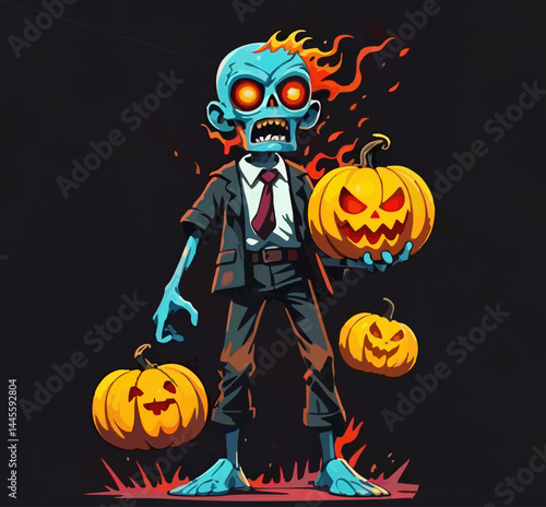 illustration of Halloween-Themed Fire Zombies with Spooky Pumpkins