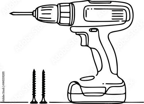 Cordless Drill and Screws: Line Art Illustration