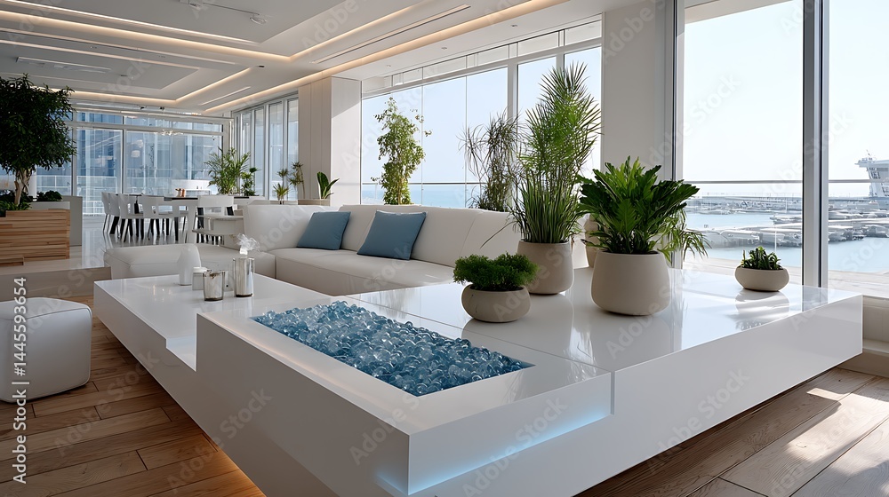 Fototapeta premium Modern Luxury Apartment Living Room with Ocean View White Sofa and Bio Ethanol Fireplace