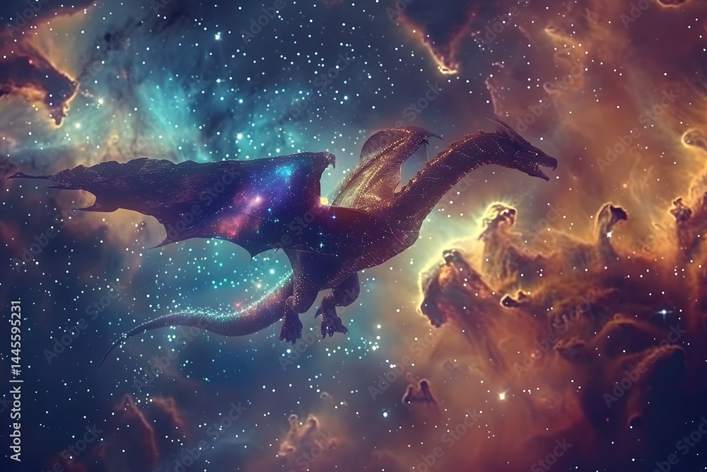 Fototapeta premium Silhouetted Space Dragon Gliding Through Nebula Skies 