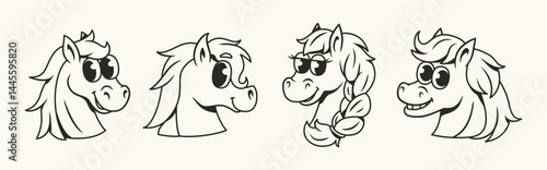 Cartoon pony heads collection in black outline
