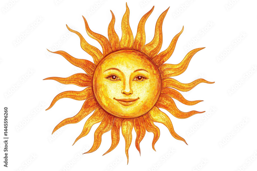Colorful sun illustration with a smiling face and radiant golden rays, conveying warmth and cheer. Colorful sun illustration with a smiling face and radiant golden rays, conveying warmth and cheer.