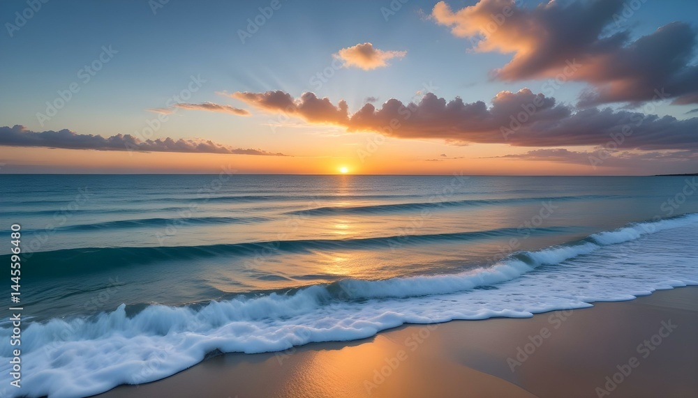 Obraz premium The sun dips below the horizon, casting a warm glow over the serene beach and ocean.