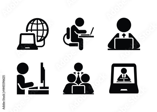 Human resources and management. Working on computer vector icons set. Web, employee, laptop office icons. Vector illustration.
