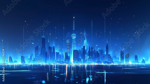 Futuristic city skyline reflecting blue lights at night  