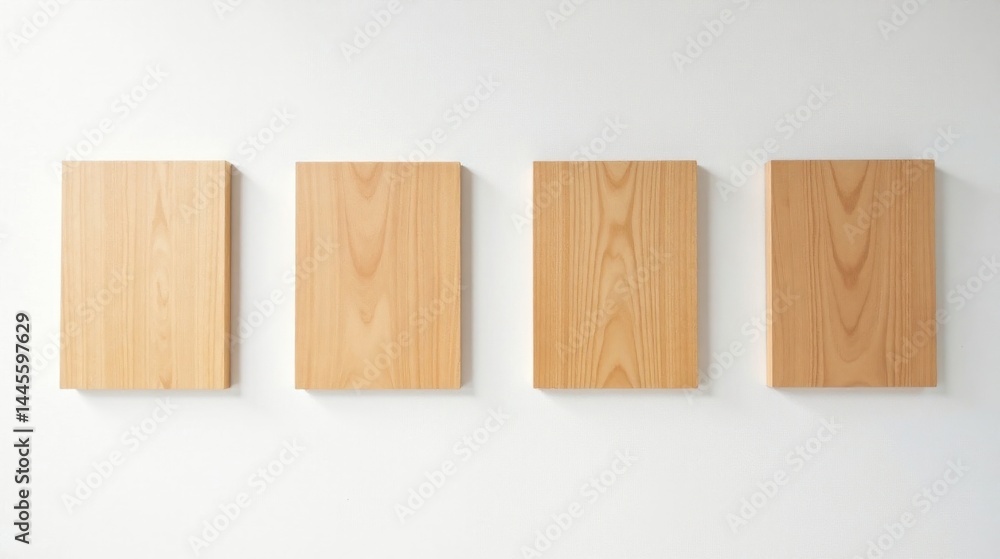 Four Light-Colored Wood Panels Arranged in a Row Against a White Wall Four Light-Colored Wood Panels Arranged in a Row Against a White Wall