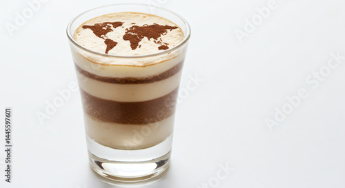 A delicious dessert, with a cocoa powder world map, in a glass, on a white background, ideal for concepts.