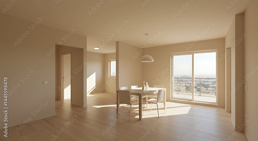 Obraz premium Elegant Dining Area in Contemporary Apartment Table and Chairs in Spacious Panorama