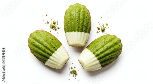 Overhead shot of three matcha madeleines, dipped in white chocolate, on white background.