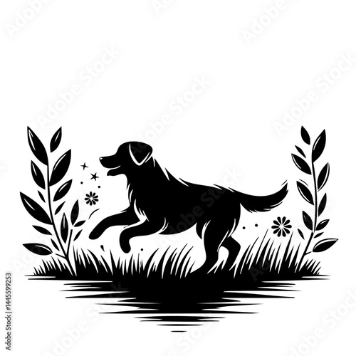 Black Dog Silhouette in Nature: A Playful Canine in Grass