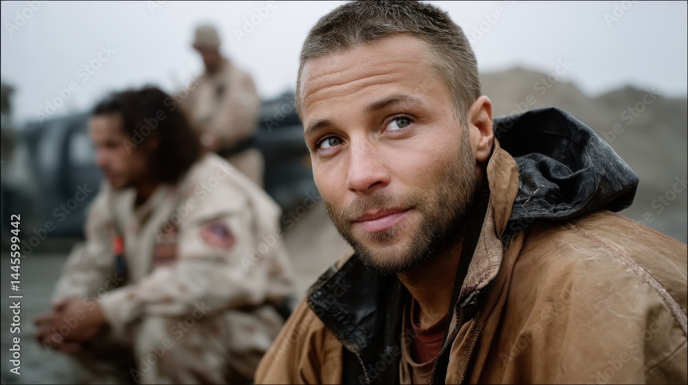 Obraz premium Close-up of smiling soldier in a desert camouflage uniform resting on the battlefield with blurred soldiers in background