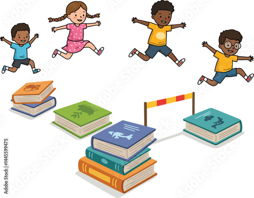 Kids Jumping Over Books Illustration, Making Learning Fun Concept