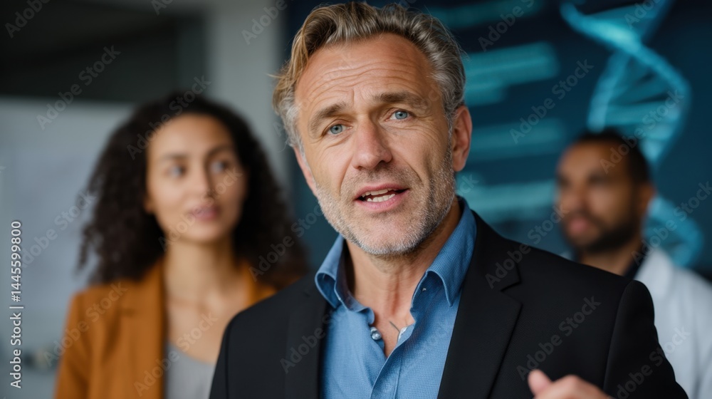 Businessman Talking and Presenting in a Modern Office with Colleagues Behind Him Businessman Talking and Presenting in a Modern Office with Colleagues Behind Him