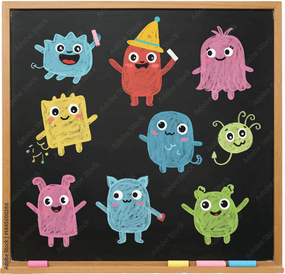 Obraz premium Colorful Chalk Monsters on Blackboard, Funny Chalkboard Creatures