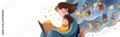 Mother reading a storybook to her child, illustrated characters floating around them, cozy atmosphere with warm colors, isolated on white background