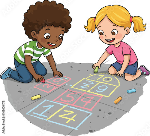 Kids Drawing Hopscotch with Chalk Illustration