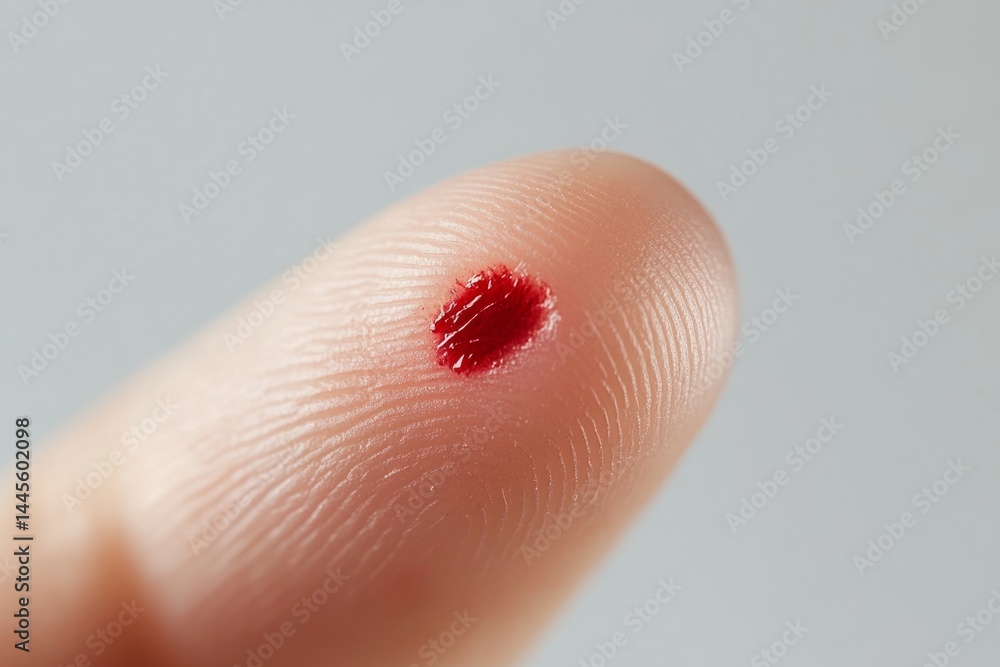 Fototapeta premium Close-up of a bleeding fingertip, highlighting the unique fingerprint pattern and the fresh wound