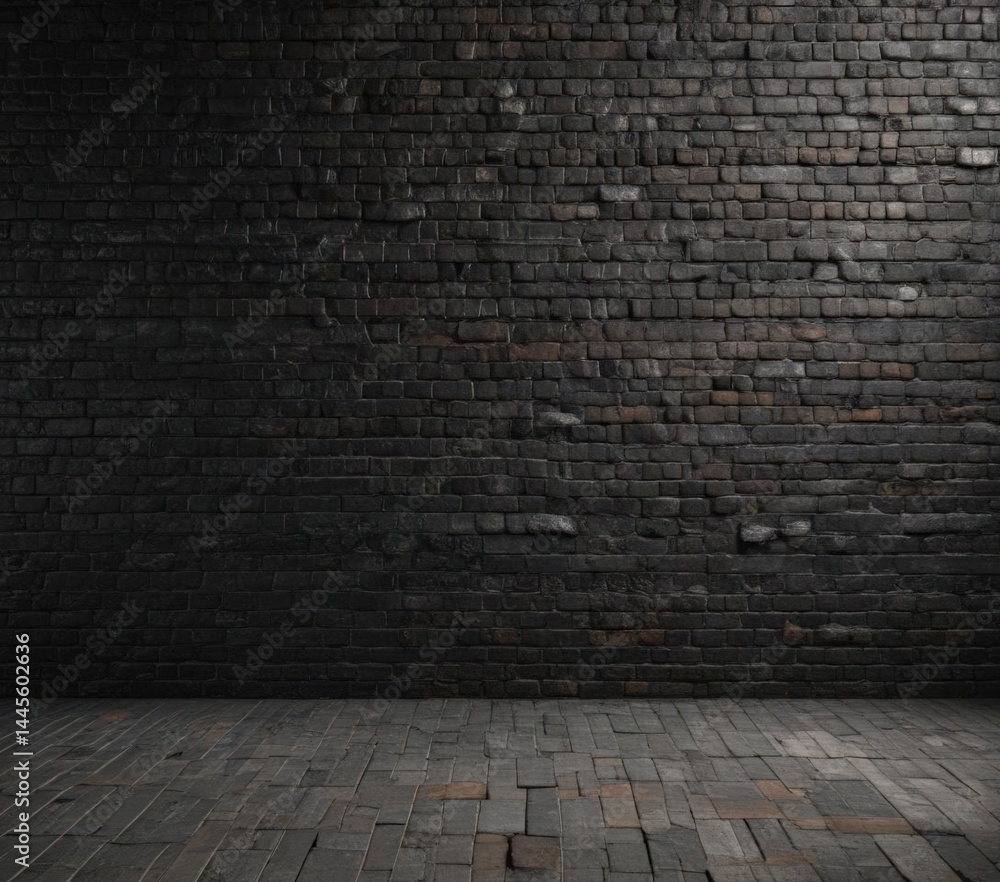 Fototapeta premium Black grunge brick wall, deep shadows, textured mortar, photography, urban