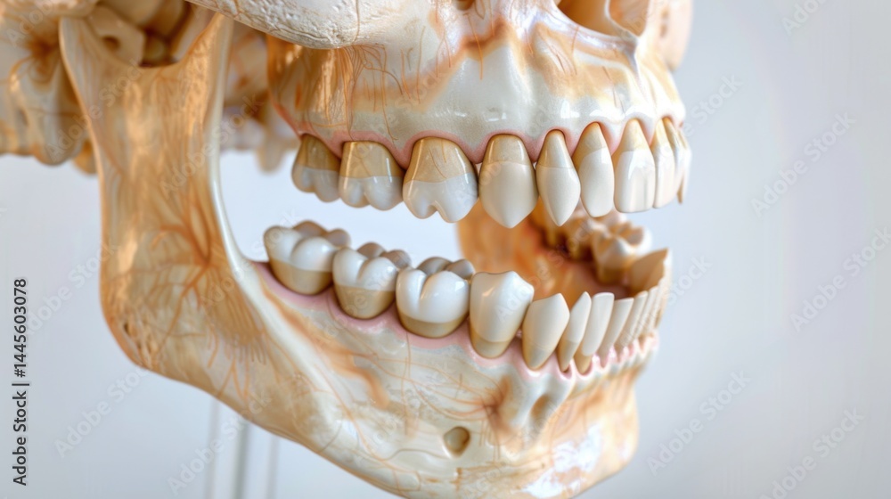 Naklejka premium Anatomical Detailed View of Human Skull and Teeth Structure Model