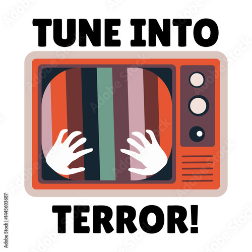 A flat style sticker showing a horror tv with turn into terror typography