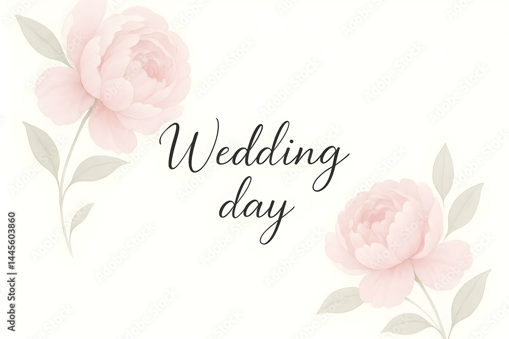 Floral design with pale pink peonies and elegant script text that reads Wedding day. Concept Floral Arrangement, Pale Pink Peonies, Elegant Script, Wedding Day Theme, Romantic Decor