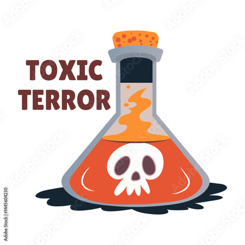 A chemical flask with toxic terror typography, flat sticker