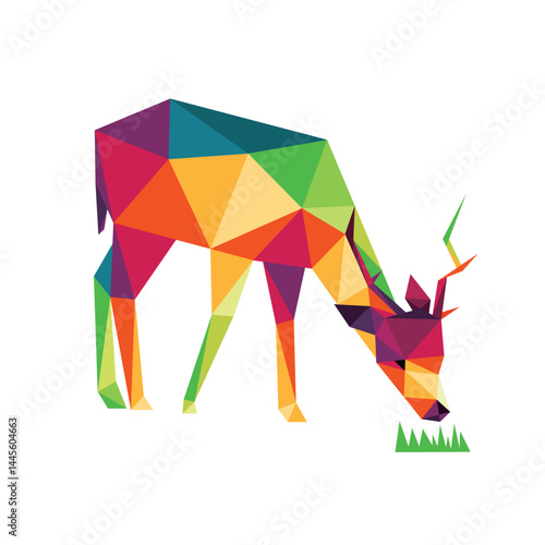 Eating deer in Colorful Polygonal Low Poly. Colorful Abstract Illustration of Deer Eating grass. Deer Colorful Logo Abstract. book illustration for kids