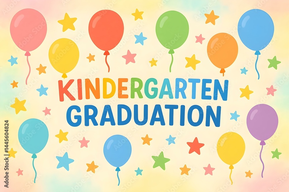 Colorful balloons and stars with the text KINDERGARTEN GRADUATION on a pastel background. Concept Kindergarten Graduation Celebration, Colorful Balloons Design, Festive Pastel Theme