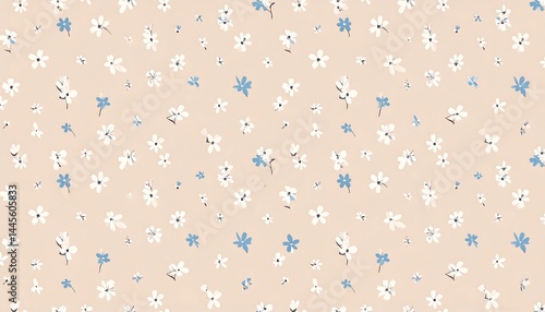Delicate Floral Pattern Design on Beige Background with White and Blue Flowers for Textile or Wallpaper Use