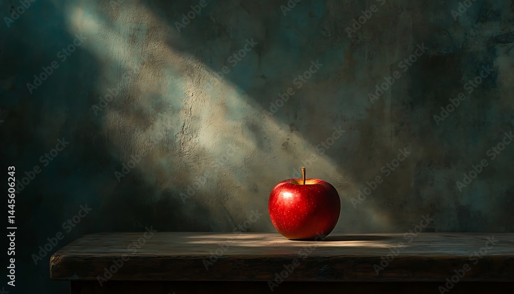 Red Apple on Wooden Table in Dramatic Light with Dark Background
