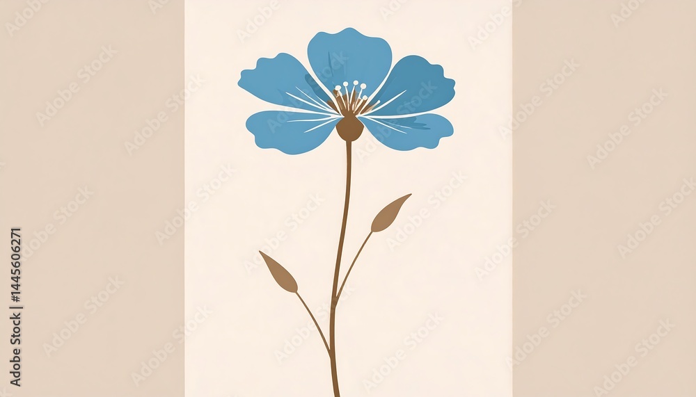 Naklejka premium Single Blue Flower with Delicate Petals and Simple Stem on a Soft Beige Background