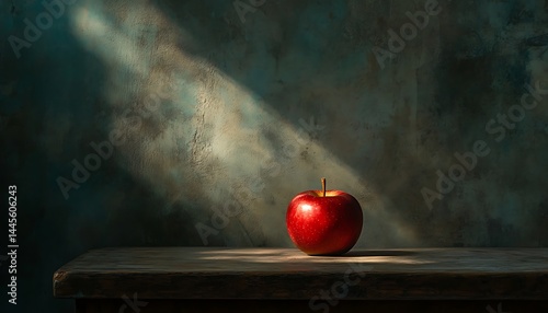 Obraz na płótnie Red Apple on Wooden Table in Dramatic Light with Dark Background w salonie