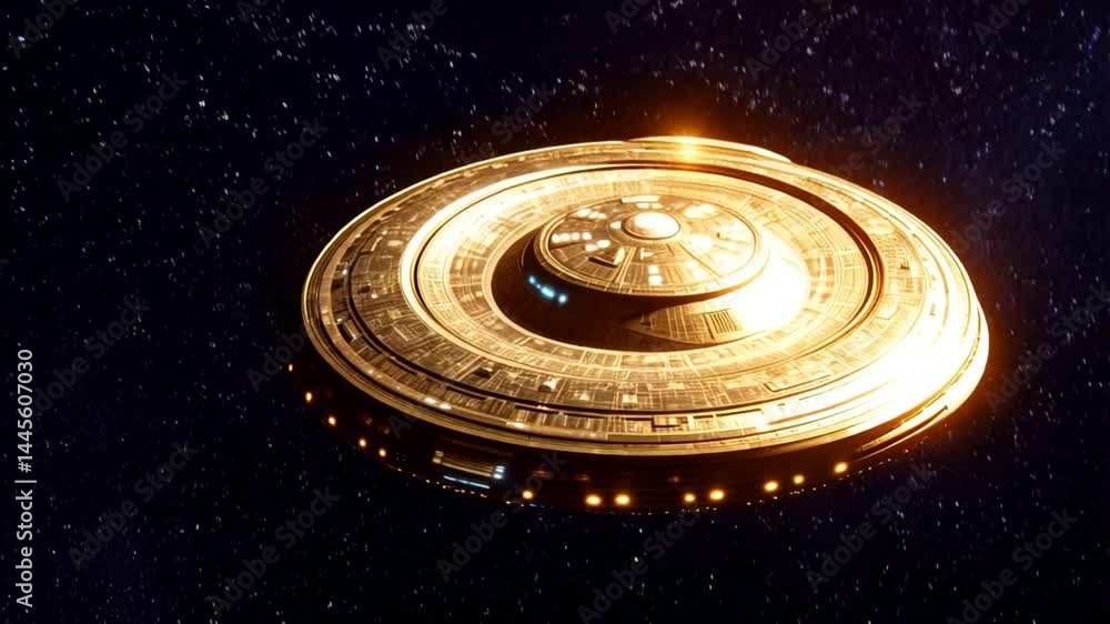 Flying saucer in space golden light futuristic spaceship against starry backdrop Flying saucer in space golden light futuristic spaceship against starry backdrop