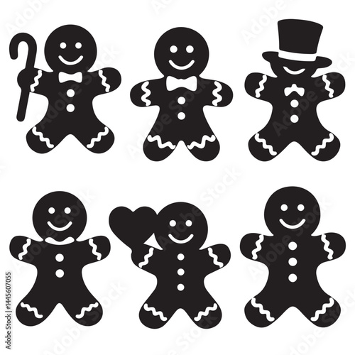 set of various style gingerbread man black vector silhouette	
