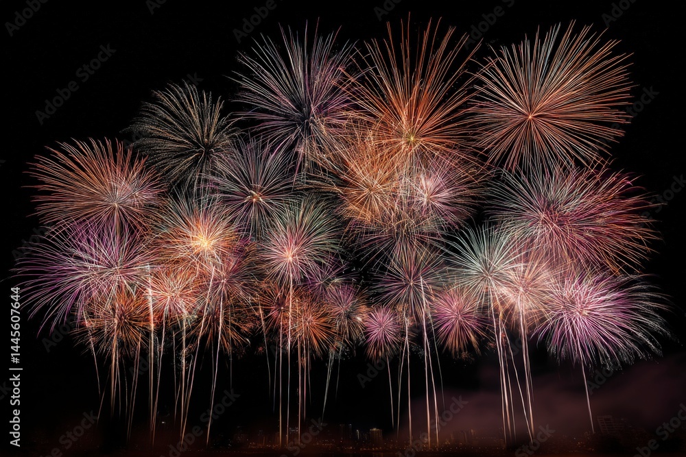 A vibrant fireworks display lights up the night sky in a dazzling array of colors. A vibrant fireworks display lights up the night sky in a dazzling array of colors.