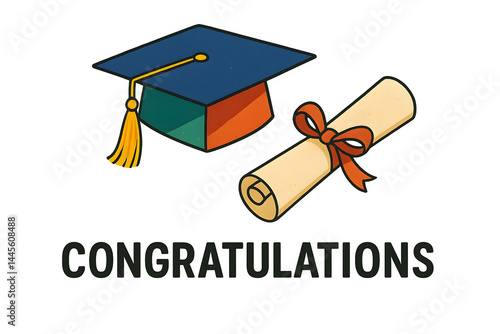 A graduation cap and a diploma with a ribbon, celebrating academic achievement. Concept Graduation Celebration, Cap and Diploma, Academic Achievement, Milestone Moments, Proud Moments