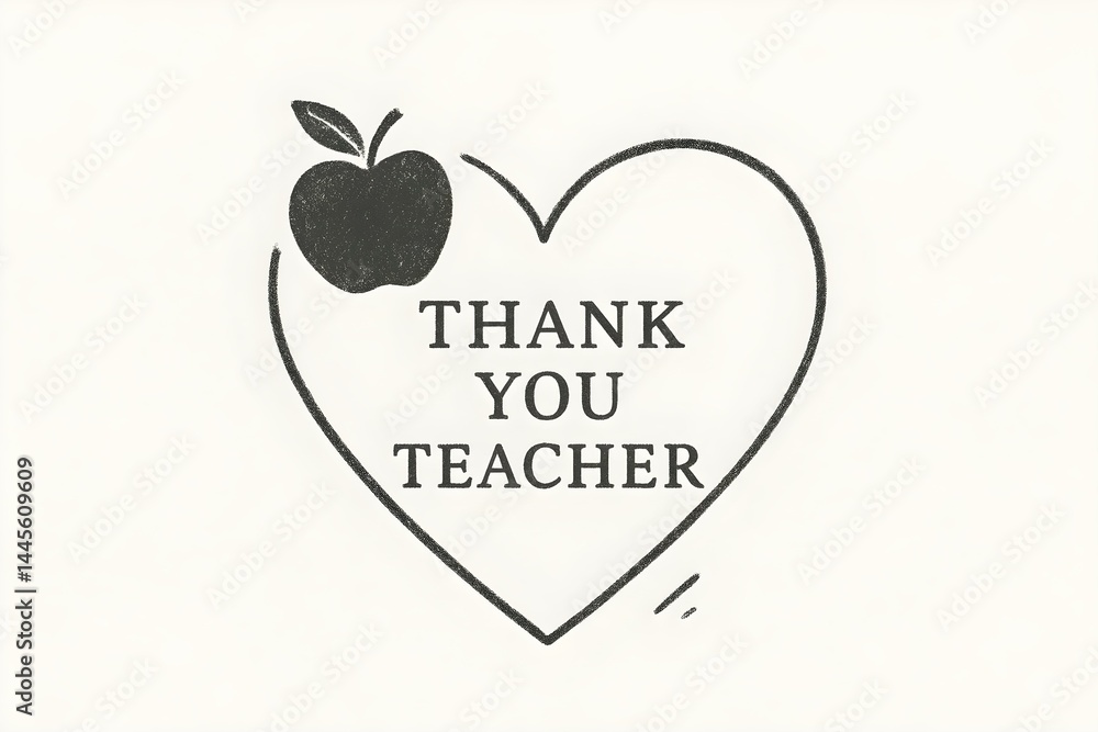 A heart with the words THANK YOU TEACHER and a small apple graphic, expressing appreciation for teachers. Concept Thank You Teacher, Heartfelt Appreciation, Apple Graphic, Teacher Tribute