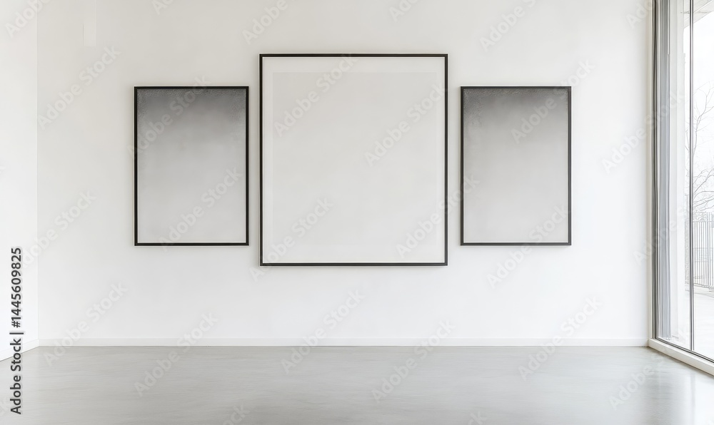 Mockup of empty poster frame on white wall. AI generated illustration.