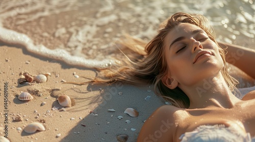 Serene sunbather rests at oceanside